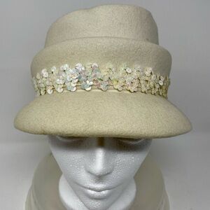 Vintage Cream Women's Wool Felted Hat with Sequin Band